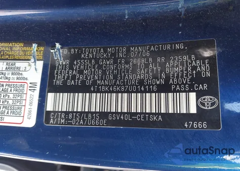 2007 Toyota Camry Se V6 из США, поврежденный, VIN 4T1BK46K87U014116